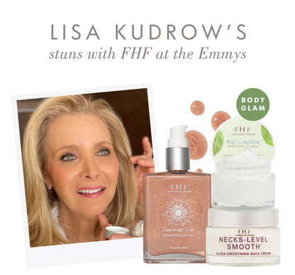 Lisa Kudrow’s Emmys body glam featuring FarmHouse Fresh Sunshine Silk Shimmer Air Oil, Mint Condition Hand Renewal Balm and Necks-Level Smooth Neck Cream