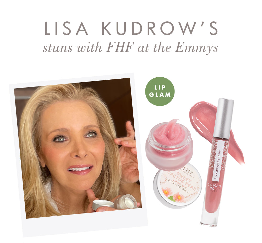 Lisa Kudrow wearing FarmHouse Fresh lip products at the Emmys, featuring Sweet Tea & Lotus Flower Jelly Lip Mask and Delicate Rose lip gloss cdn.shopify.com