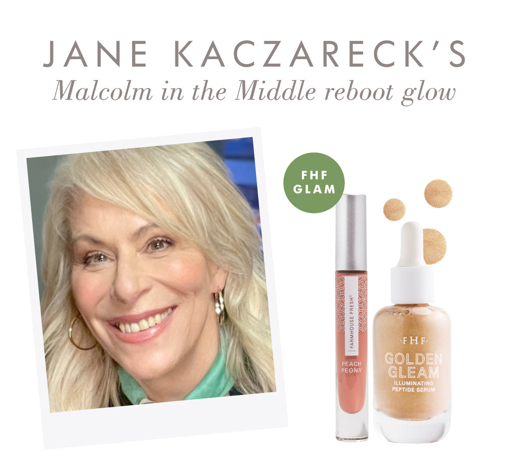 Jane Kaczmarek at the Malcolm in the Middle premiere with FarmHouse Fresh Golden Gleam and Vitamin Glaze Peach Peony products