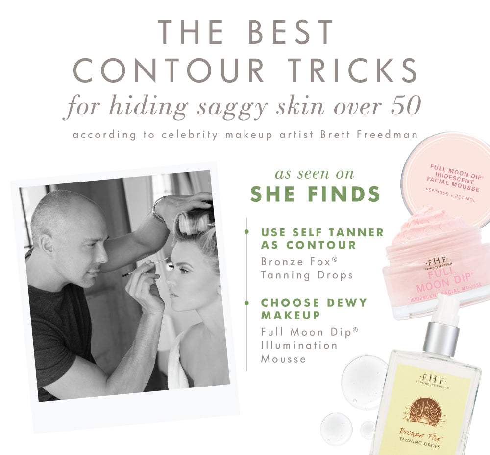 Celebrity makeup artist suggests using FarmHouse Fresh Full Moon Dip Face Mousse with Retinol and Wrinkle-Targeting Peptides to hide mature saggy skin.