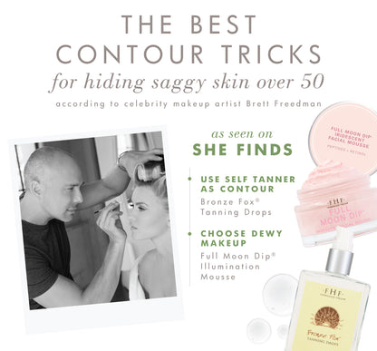 Celebrity makeup artist suggests using FarmHouse Fresh Full Moon Dip Face Mousse with Retinol and Wrinkle-Targeting Peptides to hide mature saggy skin.