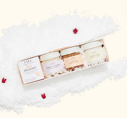 FarmHouse Fresh Pedi Delight Instant Pedicure Sampler styled with festive holiday greenery and red berries