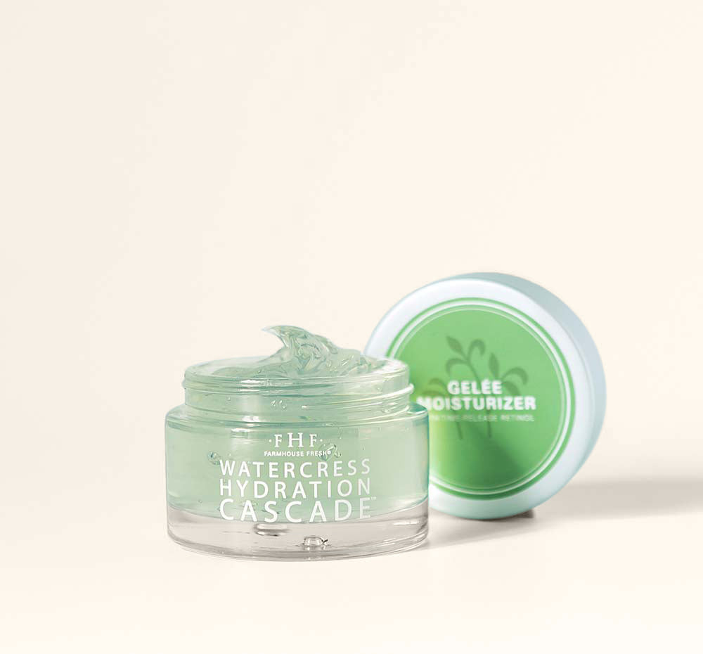 A jar of Watercress Hydration Cascade Gelee Moisturizer by FarmHouse Fresh, an oil-free face moisturizer for dry skin.