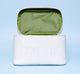 FarmHouse Fresh white vegan leather cosmetic bag with green lining inside; comes free with Superdew and Renew Facial Set for normal to dry skin types.