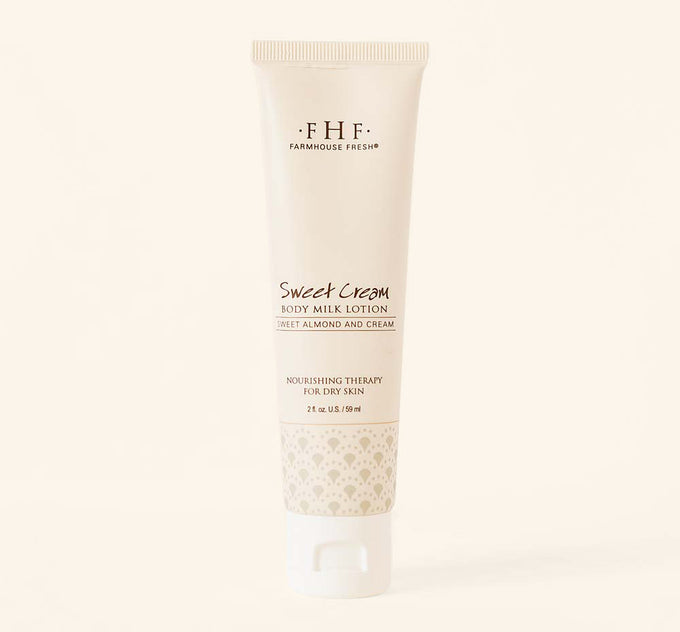 A tube of lightweight Sweet Cream Milk Lotion by FarmHouse Fresh with a long-lasting scent of sugar and cream.