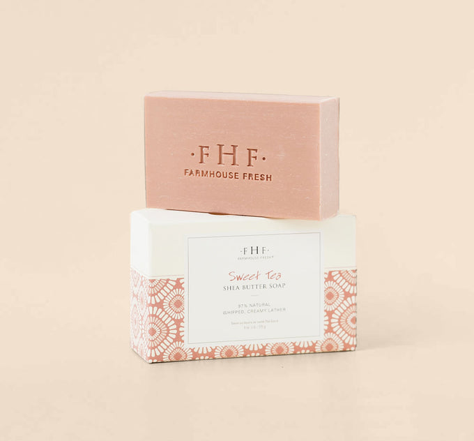 A gentle Sweet Tea Butter Bar Soap by Farmhouse Fresh made with Certified Sustainable Palm Oil, fragranced with fruity notes of peach, ginger and white tea.