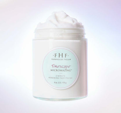 A jar of natural Timescape Face Polish by FarmHouse Fresh that leaves face dewy and glowing.