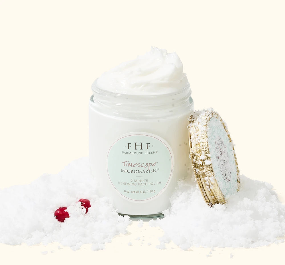 FarmHouse Fresh Timescape Micromazing 2-Minute Renewal Face Polish styled with festive holiday greenery and red berries