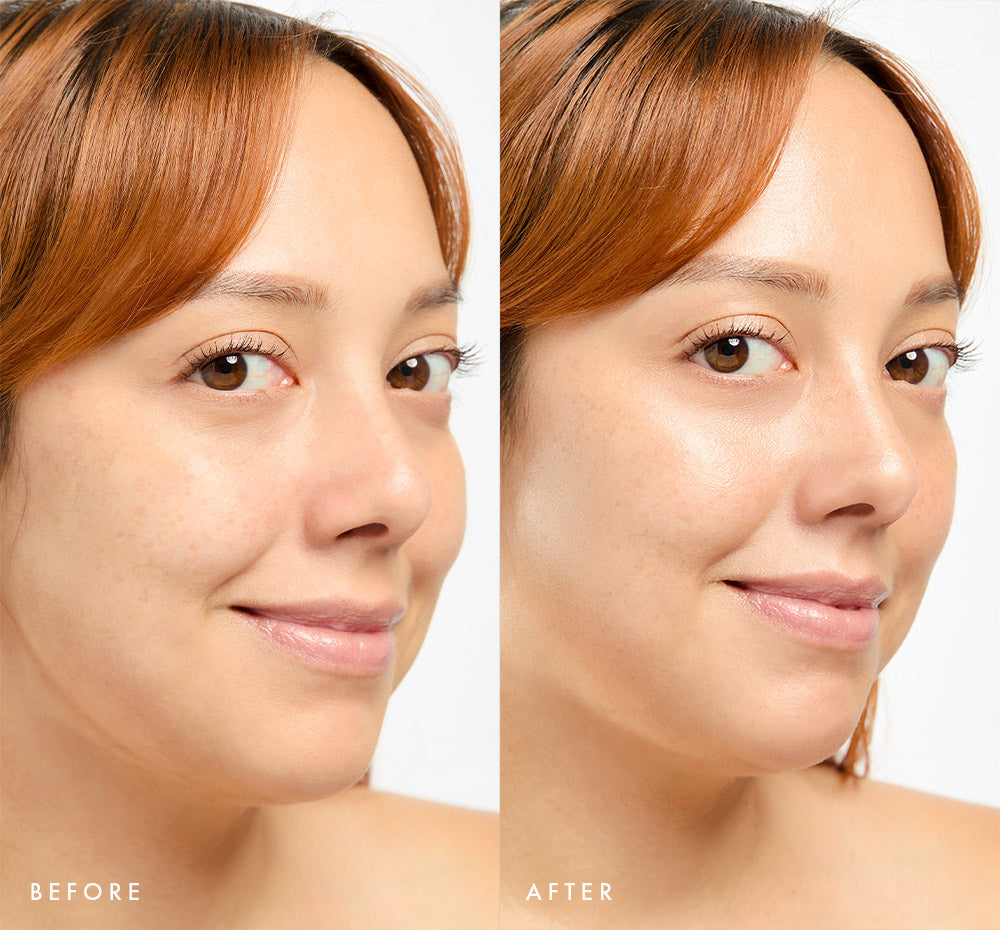 Before and after comparison of a woman's face with visible glow on skin using Tint-sational Sheer Skin-Perfecting Serum using shade Barely Beige