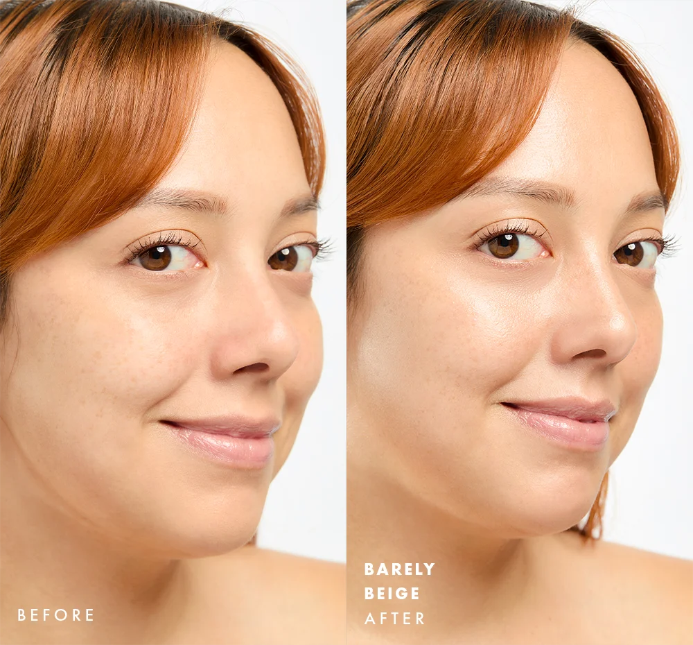 Before and after comparison of a woman's face with visible glow on skin using Tint-sational Sheer Skin-Perfecting Serum using shade Barely Beige