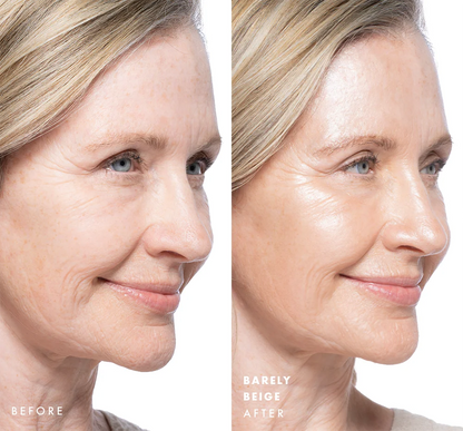 Before and after comparison of a woman's face with visible glow on skin using Tint-sational Sheer Skin-Perfecting Serum using shade Barely Beige