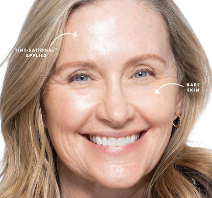 Close-up of a woman's face with Tint-sational Sheer Skin-Perfecting Serum  applied to her skin on one side, using shade Barely Beige