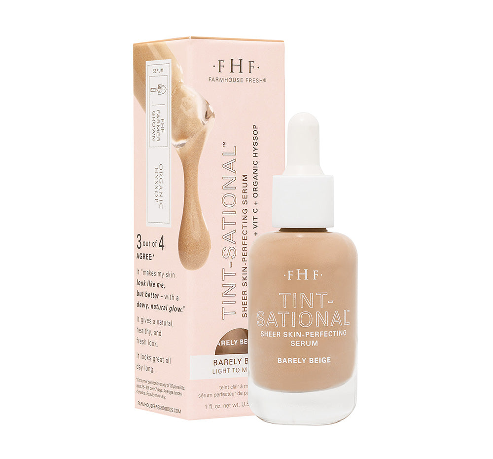 FHF Tint-sational serum bottle and box packaging on a white background in shade Barely Beige