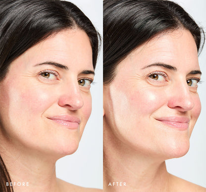 Before and after comparison of a woman's face with visible glow on skin using Tint-sational Sheer Skin-Perfecting Serum using shade Ivory Veil