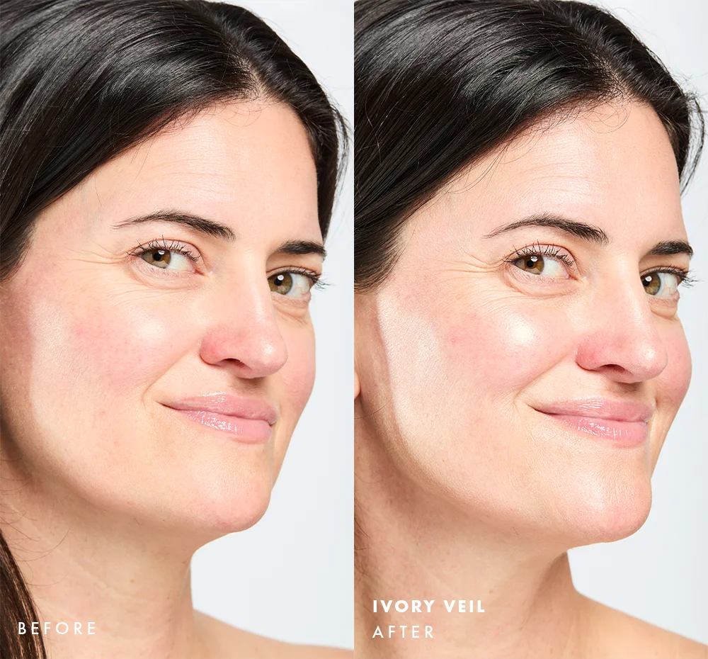 Before and after comparison of a woman's face with visible glow on skin using Tint-sational Sheer Skin-Perfecting Serum using shade Ivory Veil