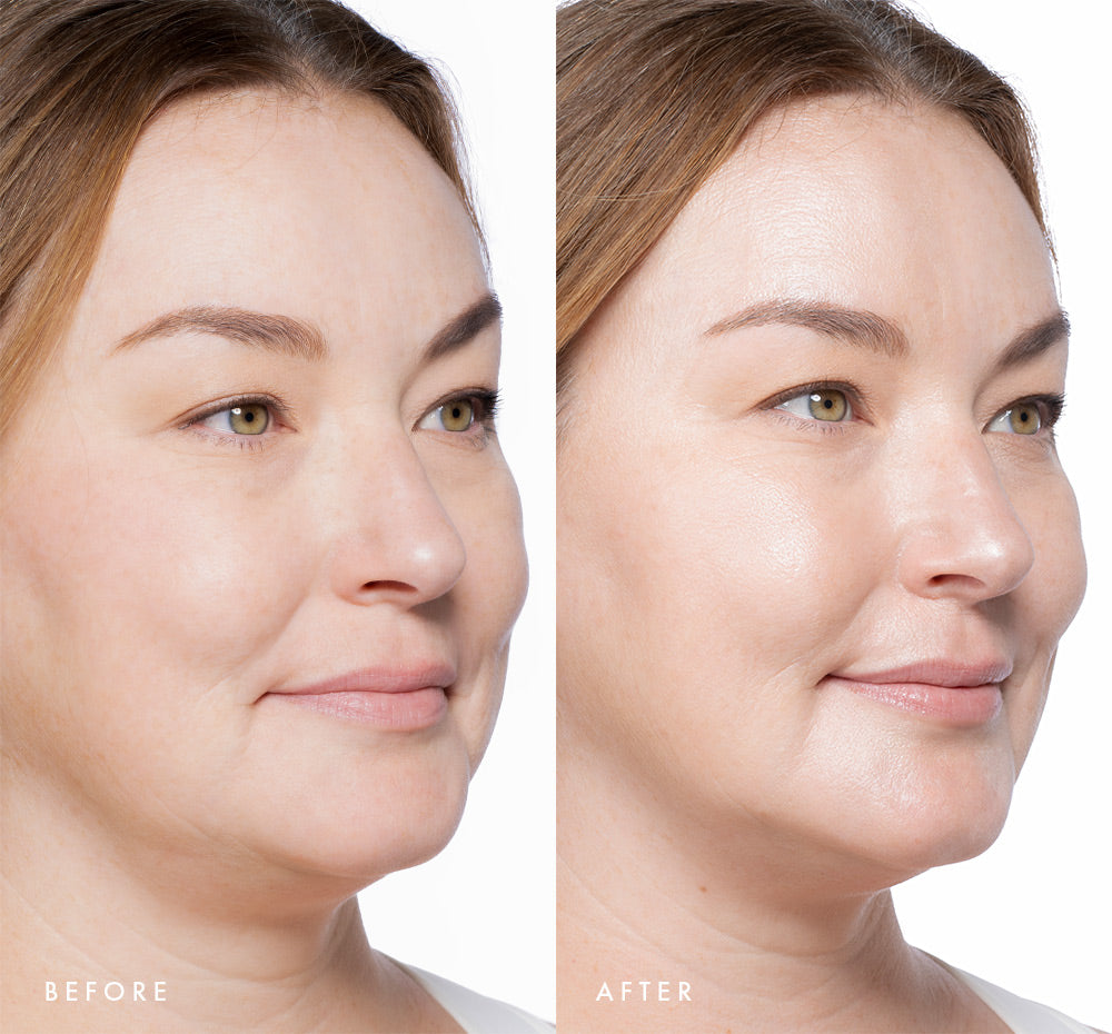 Before and after comparison of a woman's face with visible glow on skin using Tint-sational Sheer Skin-Perfecting Serum using shade Ivory Veil