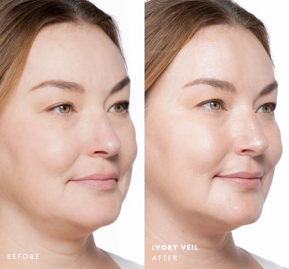 Before and after comparison of a woman's face with visible glow on skin using Tint-sational Sheer Skin-Perfecting Serum using shade Ivory Veil