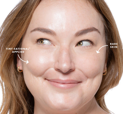 Close-up of a woman's face with Tint-sational Sheer Skin-Perfecting Serum  applied to her skin on one side, using shade Ivory Veil