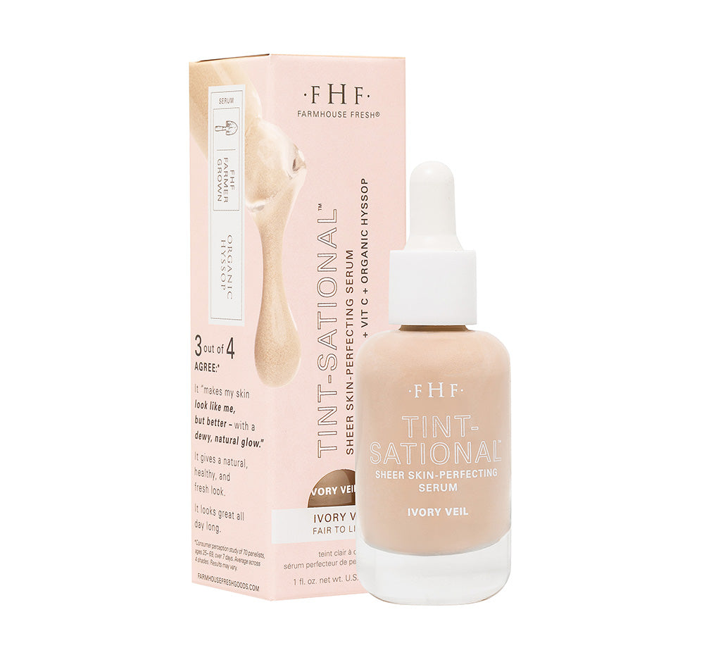 FHF Tint-Sational serum bottle and box packaging on a white background in shade Ivory Veil