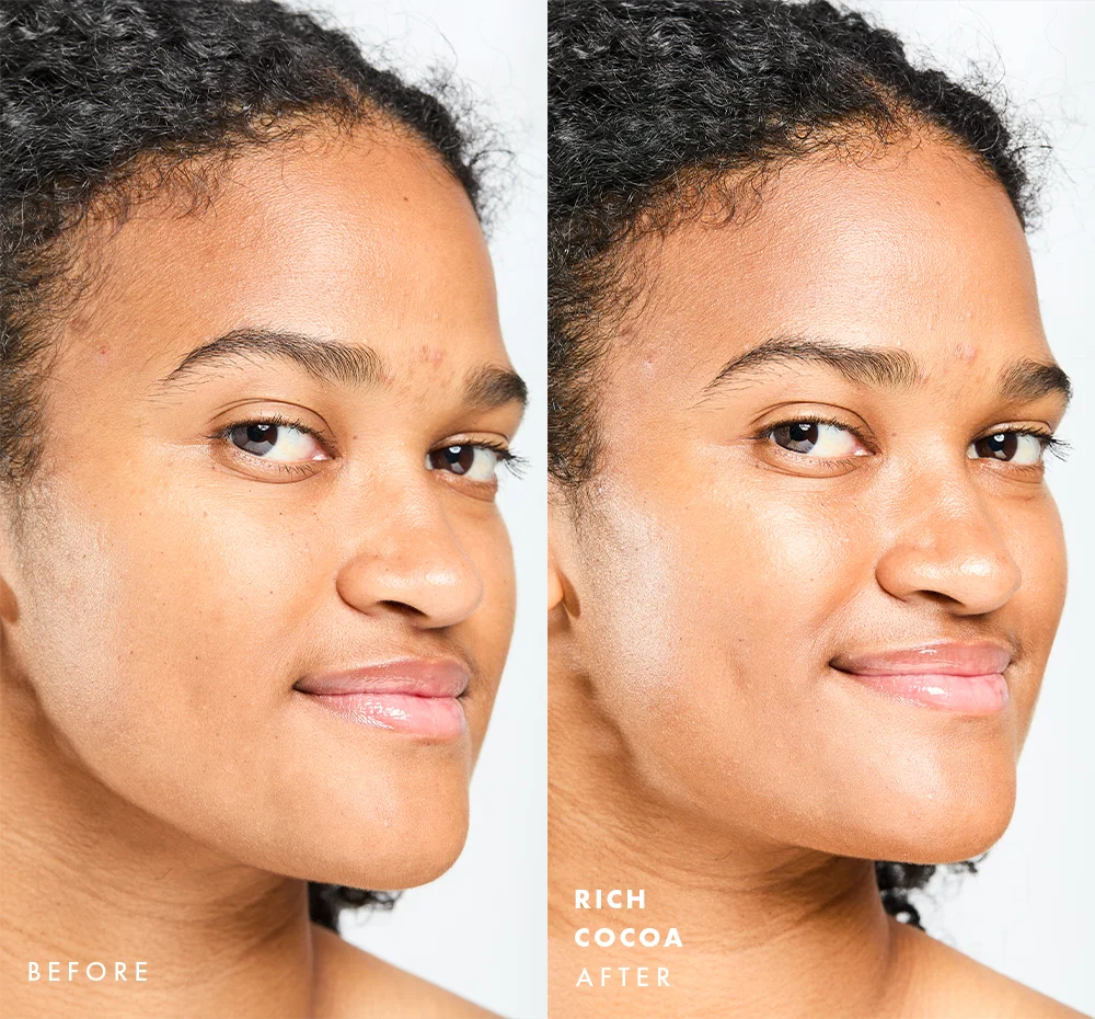 Before and after comparison of a woman's face with visible glow on skin using Tint-sational Sheer Skin-Perfecting Serum using shade Rich Cocoa