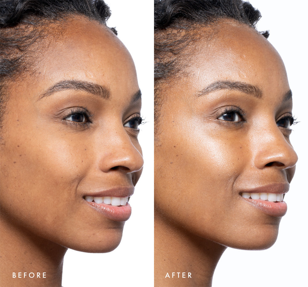Before and after comparison of a woman's face with visible glow on skin using Tint-sational Sheer Skin-Perfecting Serum using shade Rich Cocoa