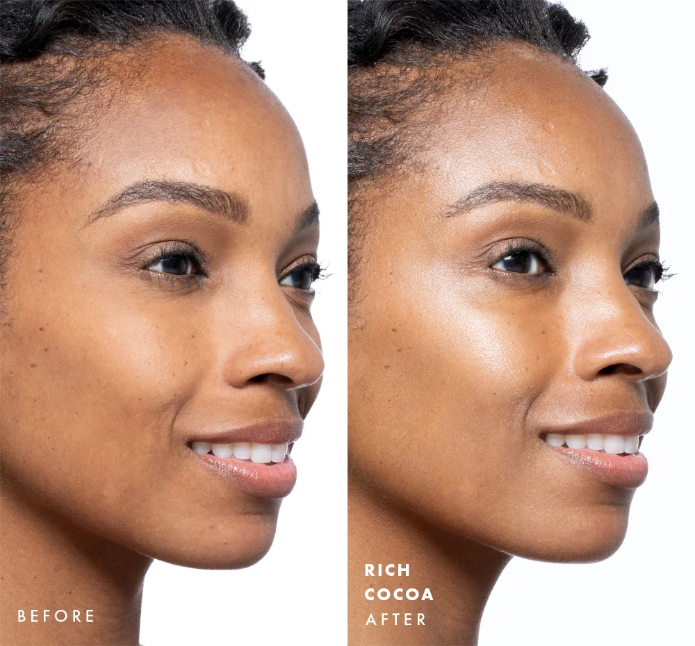 Before and after comparison of a woman's face with visible glow on skin using Tint-sational Sheer Skin-Perfecting Serum using shade Rich Cocoa