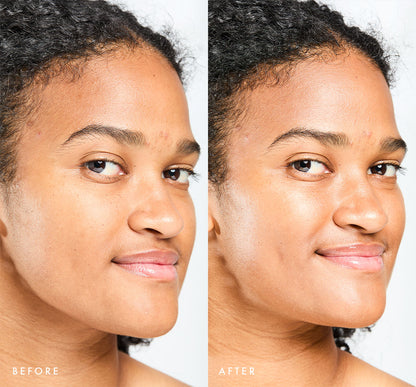 Before and after comparison of a woman's face with visible glow on skin using Tint-sational Sheer Skin-Perfecting Serum using shade Rich Cocoa