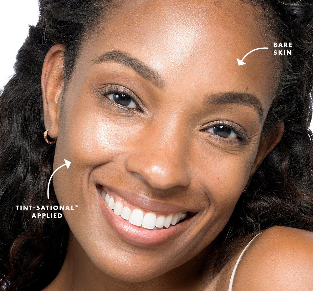 Close-up of a woman's face with Tint-sational Sheer Skin-Perfecting Serum  applied to her skin on one side, using shade Rich Cocoa