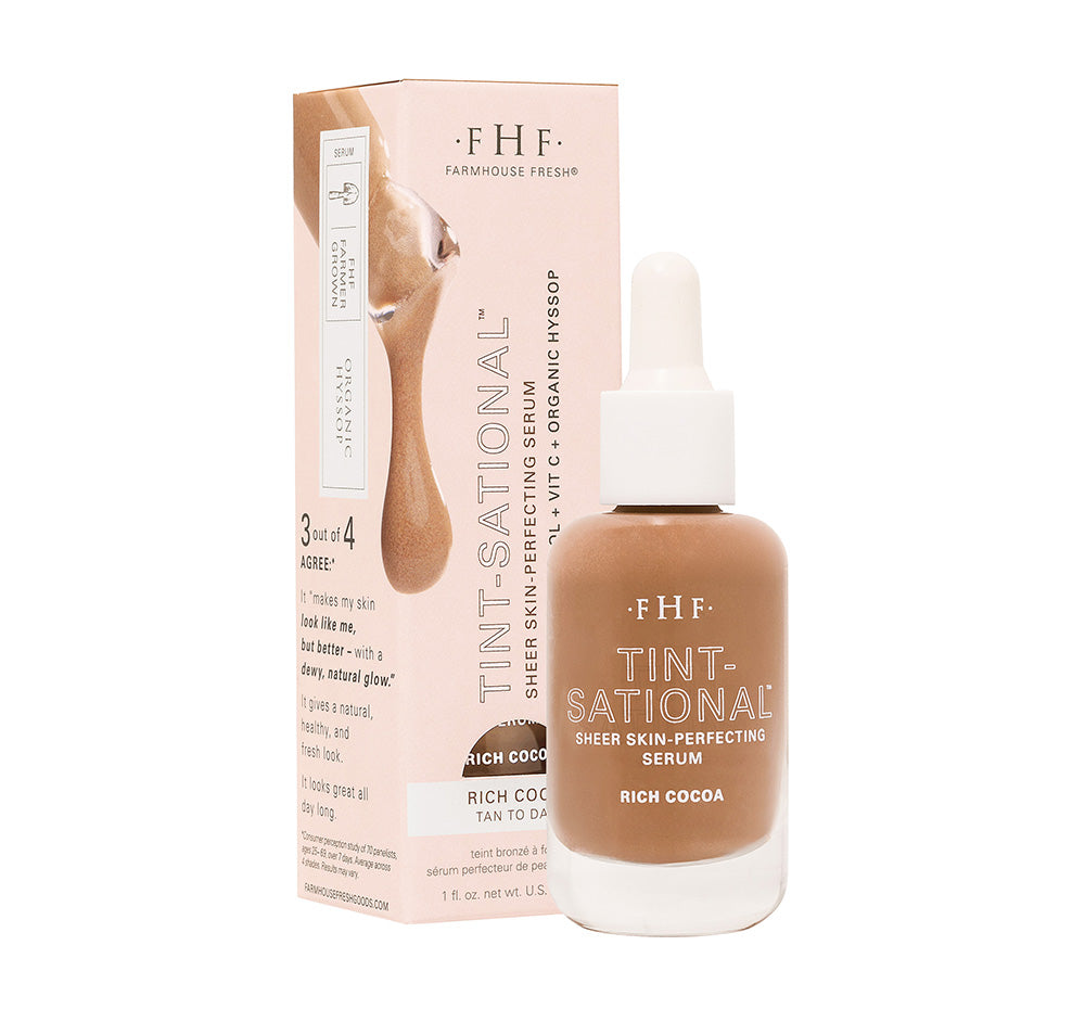 FHF Tint-Sational serum bottle and box packaging on a white background in shade Rich Cocoa