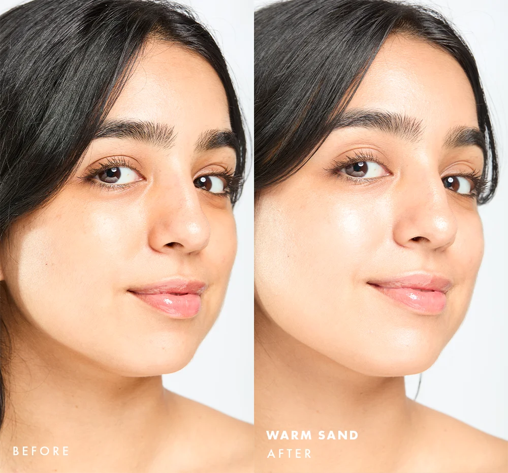 Before and after comparison of a woman's face with visible glow on skin using Tint-sational Sheer Skin-Perfecting Serum using shade Warm Sand