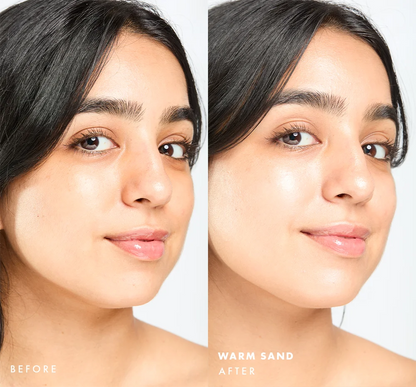 Before and after comparison of a woman's face with visible glow on skin using Tint-sational Sheer Skin-Perfecting Serum using shade Warm Sand