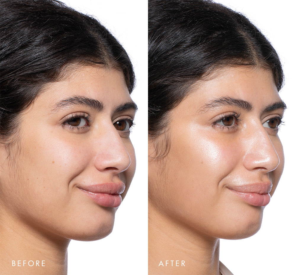 Before and after comparison of a woman's face with visible glow on skin using Tint-sational Sheer Skin-Perfecting Serum using shade Warm Sand