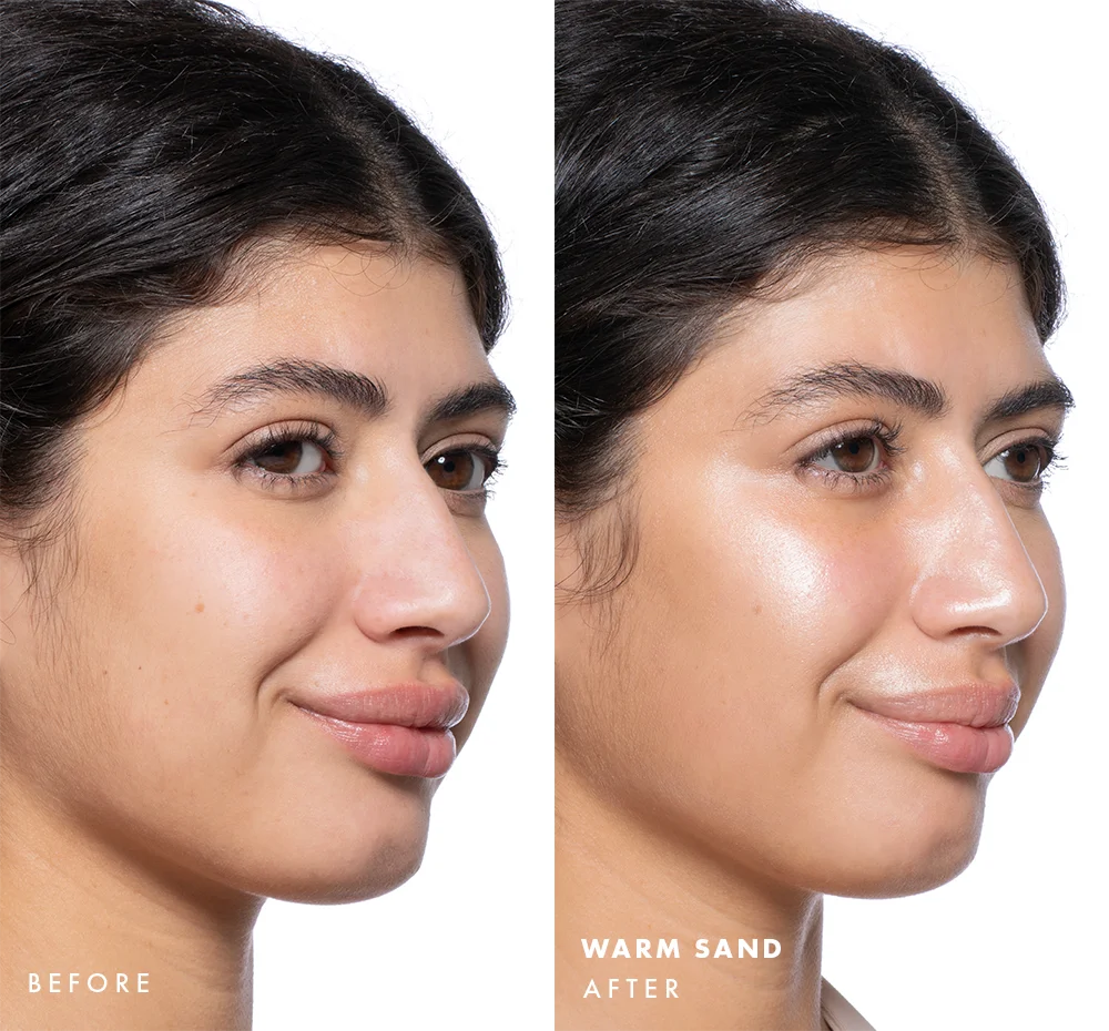 Before and after comparison of a woman's face with visible glow on skin using Tint-sational Sheer Skin-Perfecting Serum using shade Warm Sand