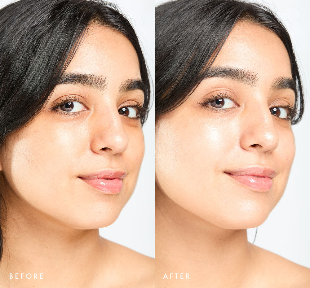 Before and after comparison of a woman's face with visible glow on skin using Tint-sational Sheer Skin-Perfecting Serum using shade Warm Sand