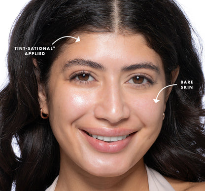 Close-up of a woman's face with Tint-sational Sheer Skin-Perfecting Serum  applied to her skin on one side, using shade Warm Sand