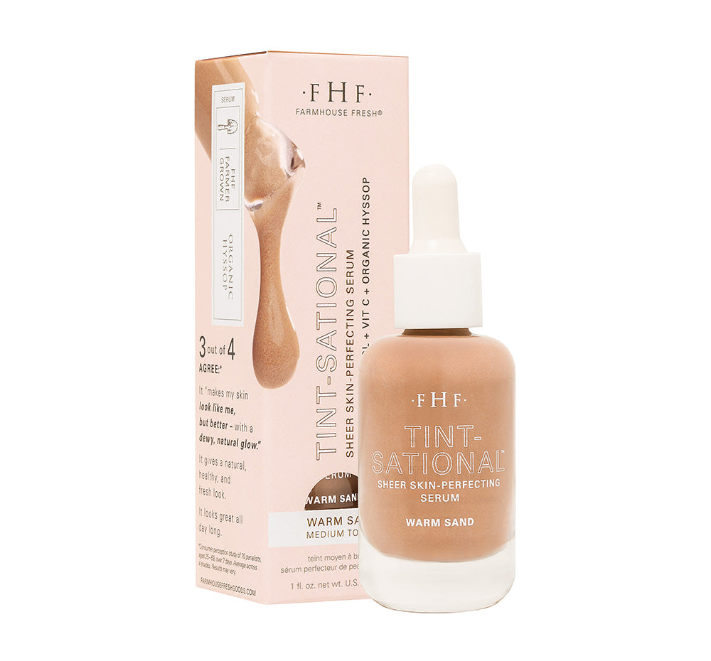 FHF Tint-Sational serum bottle and box packaging on a white background in shade Warm Sand