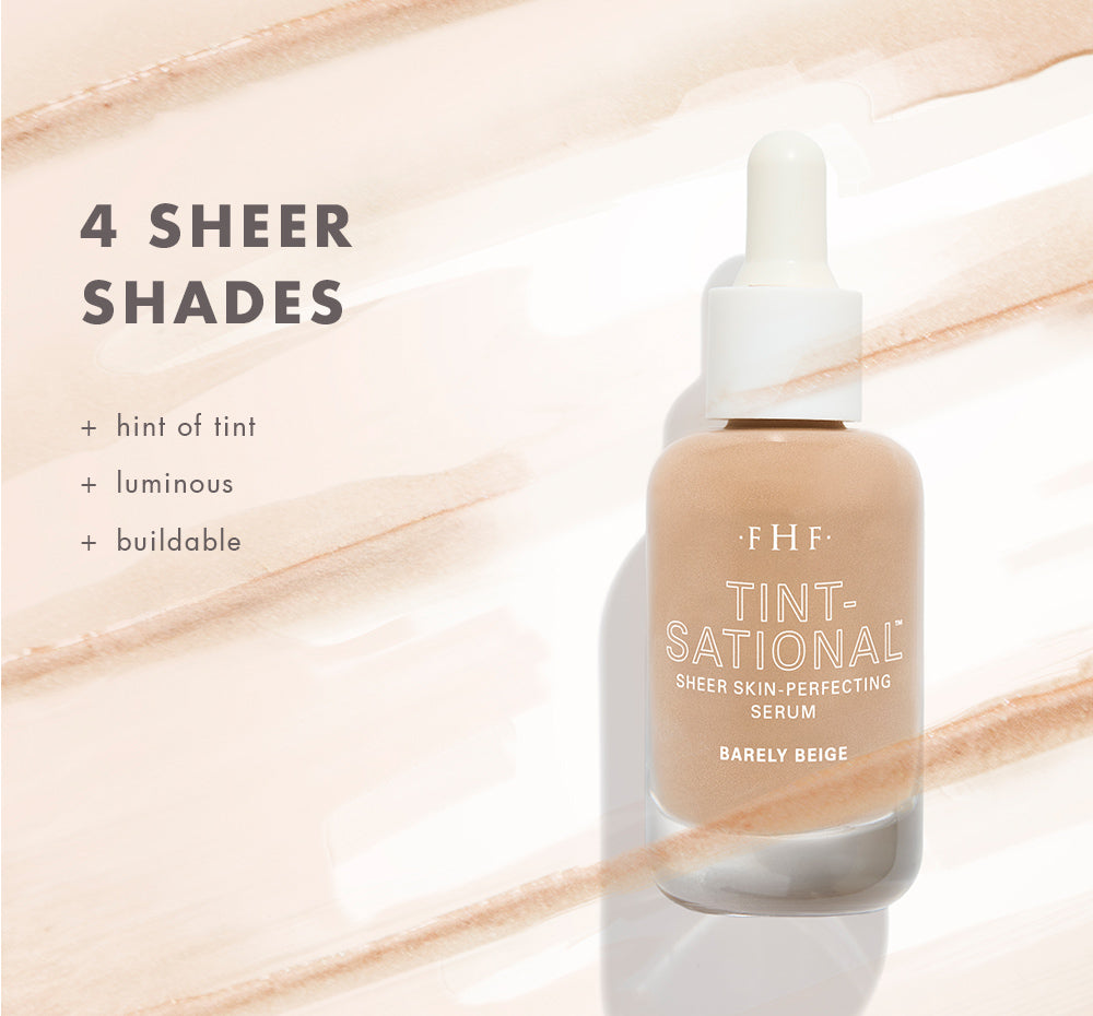 FHF Tint-sational Sheer Skin Perfecting Serum bottle with product details on a sheer serum textured background