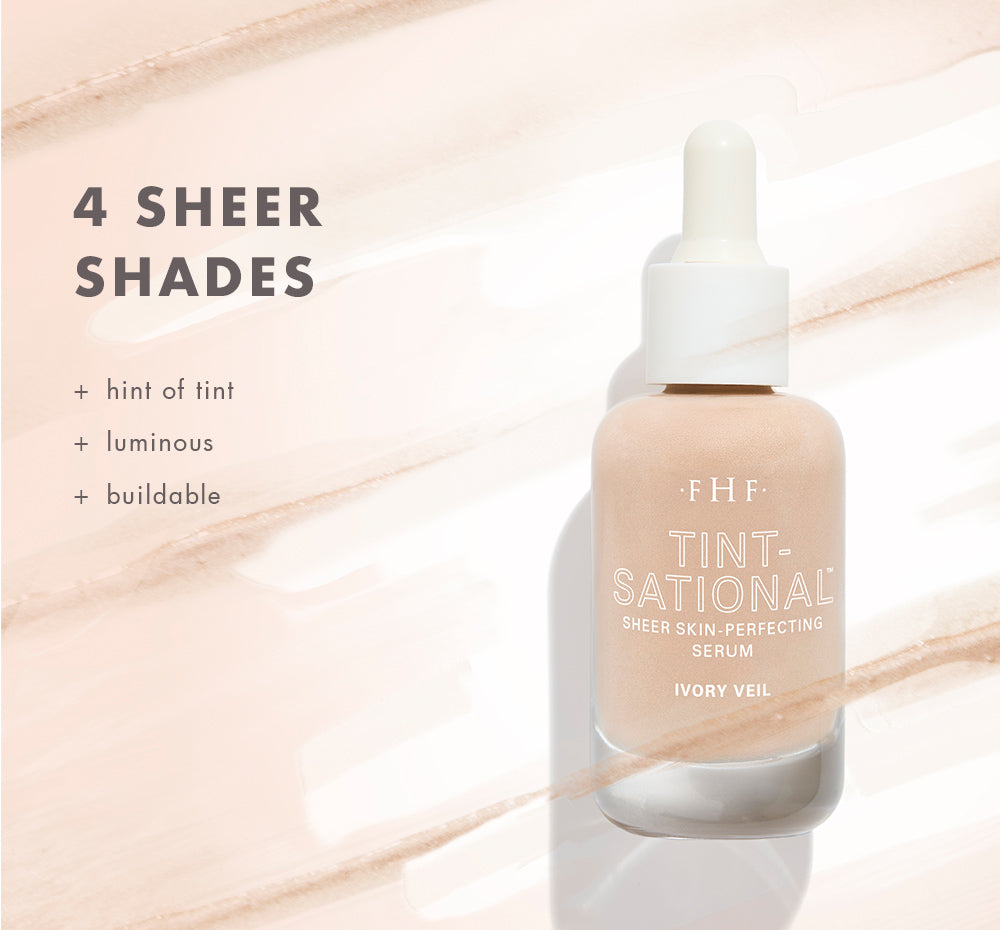 FHF Tint-sational Sheer Skin Perfecting Serum bottle with product details on a sheer serum textured background