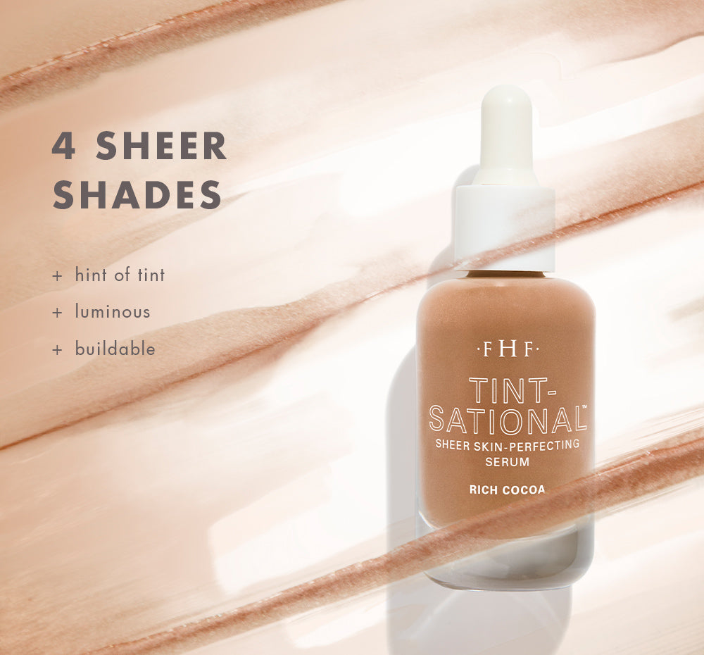 FHF Tint-sational Sheer Skin Perfecting Serum bottle with product details on a sheer serum textured background
