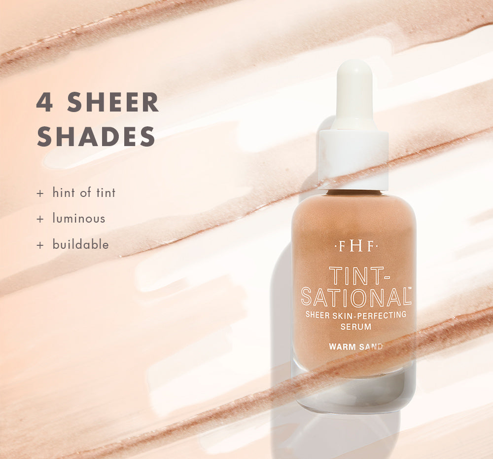 FHF Tint-sational Sheer Skin Perfecting Serum bottle with product details on a sheer serum textured background