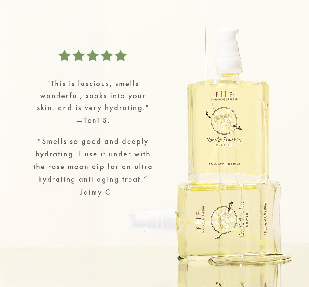 Vanilla Bourbon Body Oil with product dripping featuring five green stars and several customer review quotes in dark gray text.