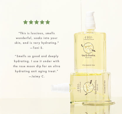 Vanilla Bourbon Body Oil with product dripping featuring five green stars and several customer review quotes in dark gray text.