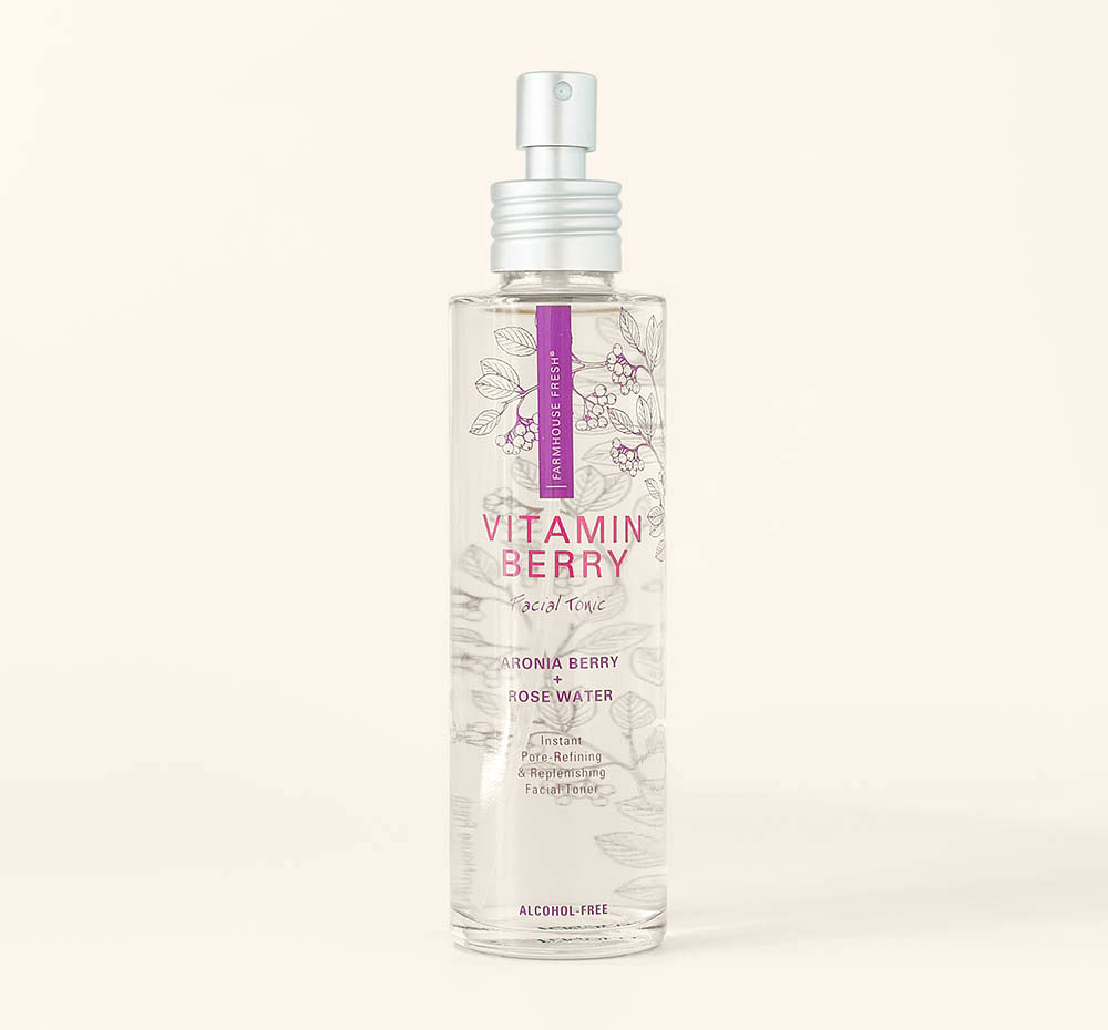 A bottle of Vitamin Berry Facial Tonic by FarmHouse Fresh, made for those with enlarged pores.