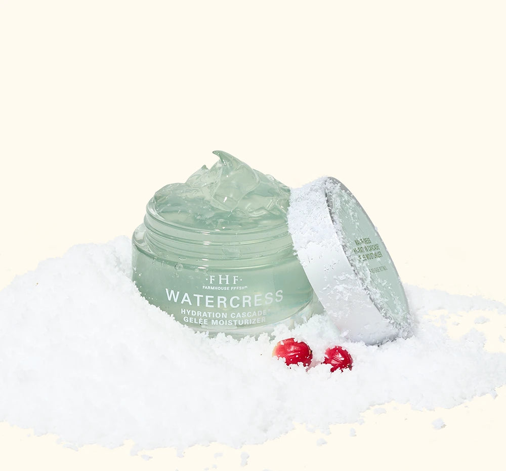 FarmHouse Fresh Watercress Hydration Cascade Gelée Moisturizer styled with festive holiday greenery and red berries