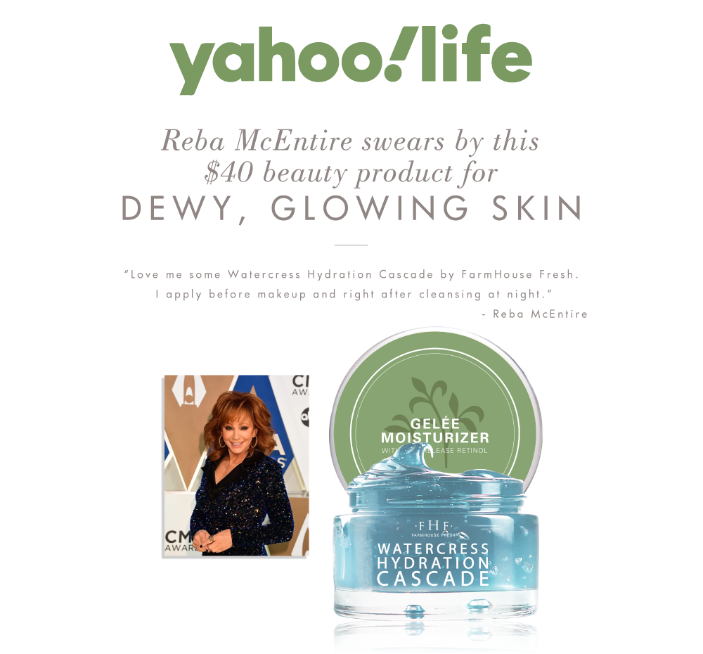 Yahoo Life reports that Reba swears by FarmHouse Fresh Watercress Hydration Cascade Gelee Moisturizer for dewy, glowing skin. She applies it before makeup and after cleansing at night.