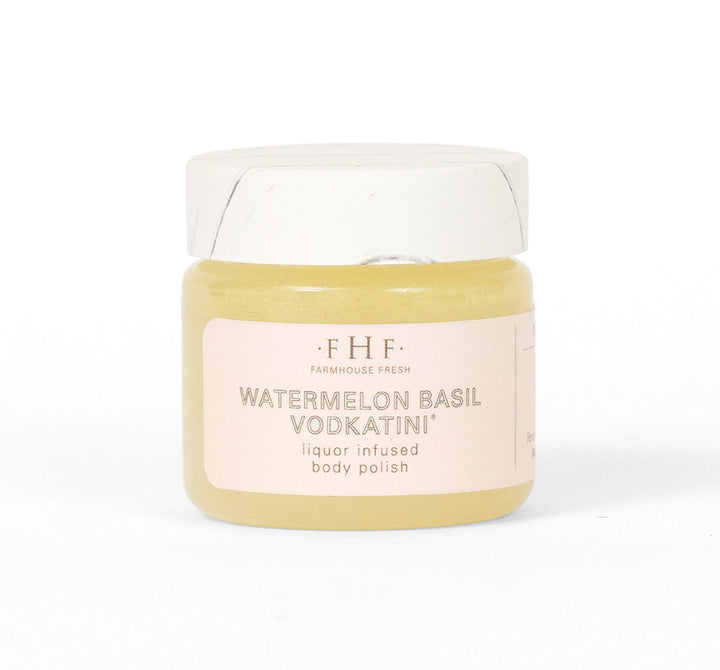 A sample of Watermelon Basil Vodkatini sea salt body scrub  by Farmhouse Fresh.