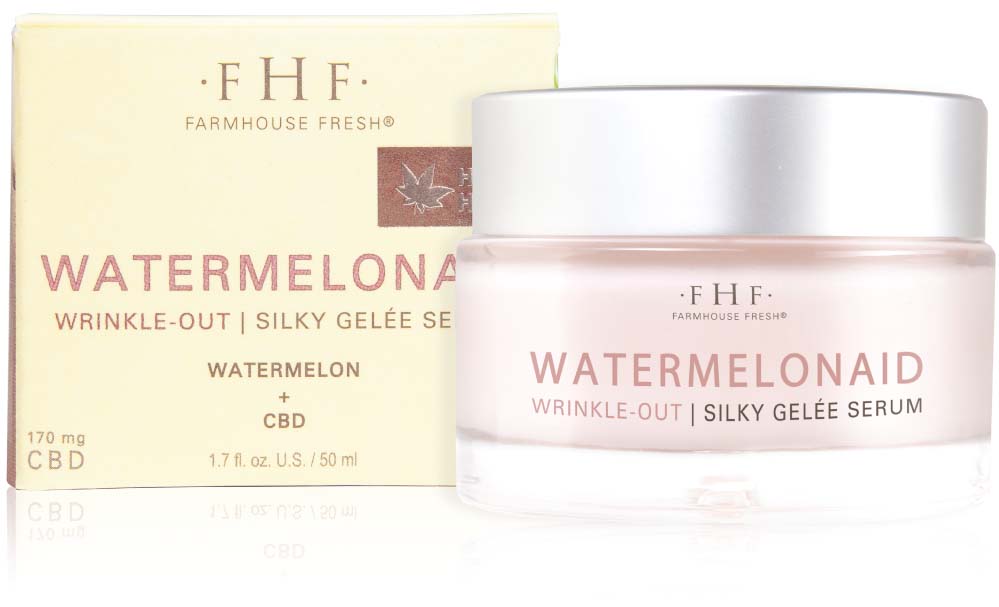 A jar and a box of Watermelonaid face serum with CBD by FarmHouse Fresh made with CBD and other natural ingredients.