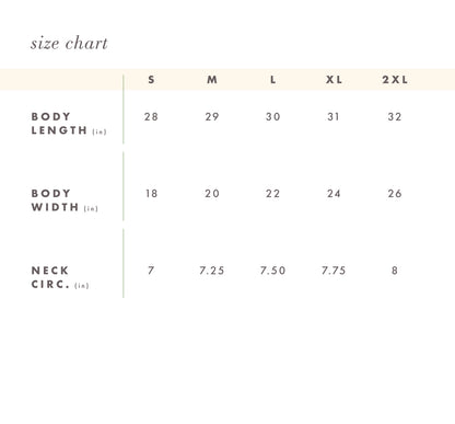 Size chart of the unisex FarmHouse Fresh Shirt that donates to the FHF animal sanctuary. Available in sizes Small through 2XL.