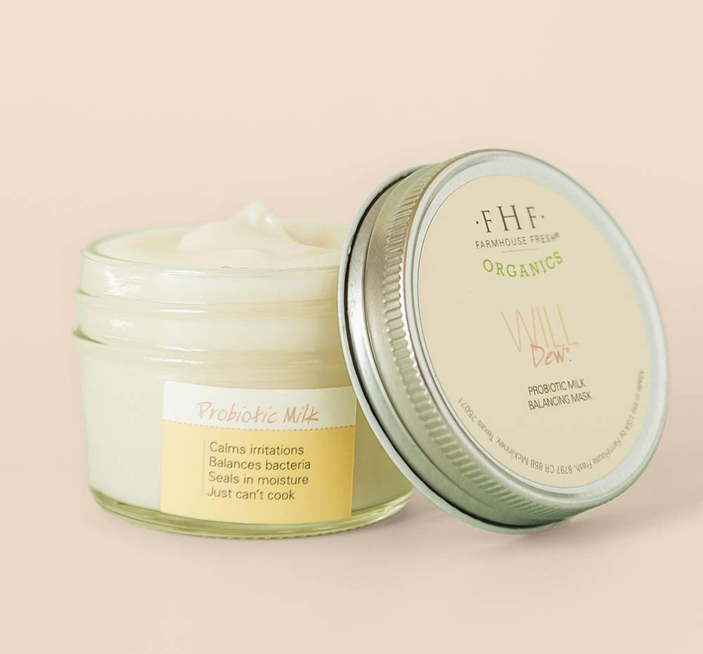 A jar of Will Dew Organic Probiotic Milk Balancing Mask by FarmHouse Fresh that reduces signs of sensitive skin by delivering deep moisturization.