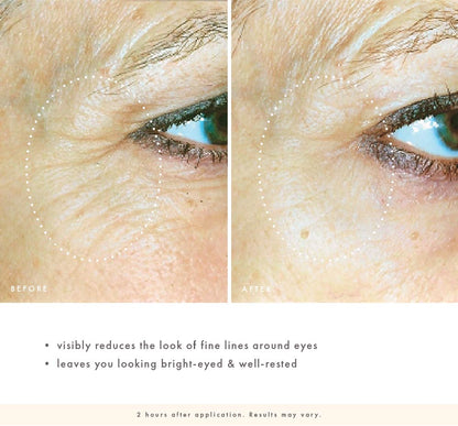 FarmHouse Fresh Wine Down before-and-after close-up of eye area showing the look of reduced fine lines and a brighter, more rested appearance two hours after application